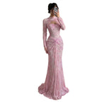 Luxury Pink Lace Long Sleeve High Neck Mermaid Evening Dress LA73757