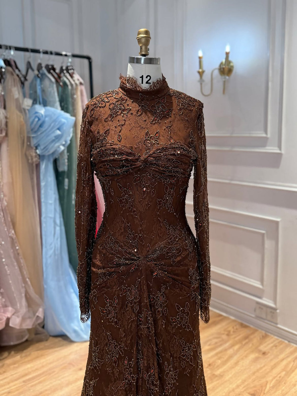 Brown High Neck Long Sleeve Beaded Lace Mermaid Evening Dress LA73757A