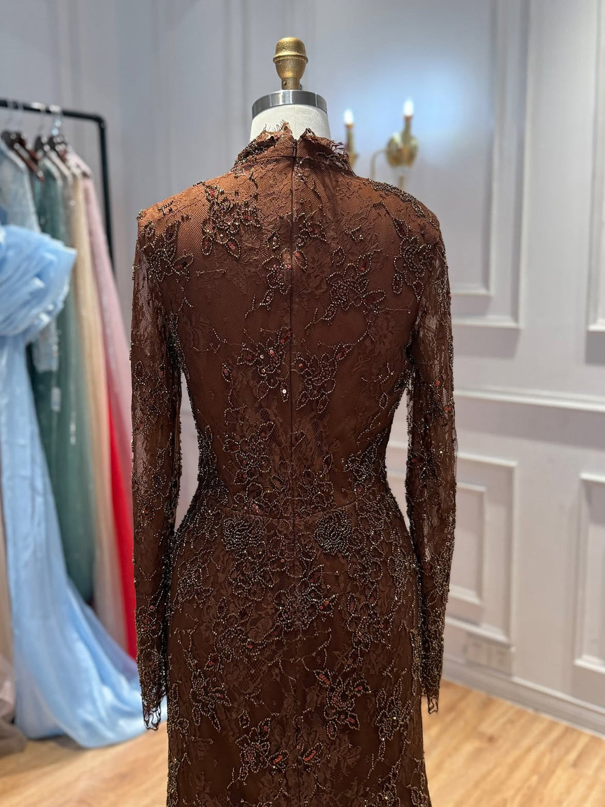 Brown High Neck Long Sleeve Beaded Lace Mermaid Evening Dress LA73757A
