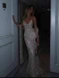 Luxury Gold Beaded Spaghetti Strap Mermaid Evening Dress LA73758