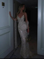 Luxury Gold Beaded Spaghetti Strap Mermaid Evening Dress LA73758