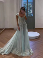Luxury Sage Green Beaded Lace Cap Sleeves A Line Dress LA73759