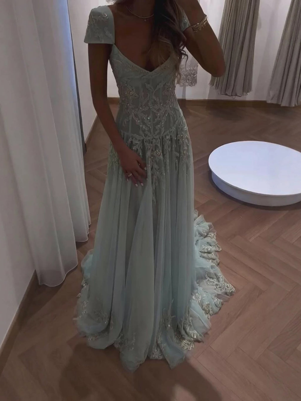 Luxury Sage Green Beaded Lace Cap Sleeves A Line Dress LA73759