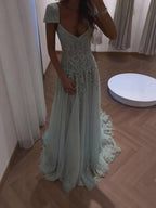 Luxury Sage Green Beaded Lace Cap Sleeves A Line Dress LA73759