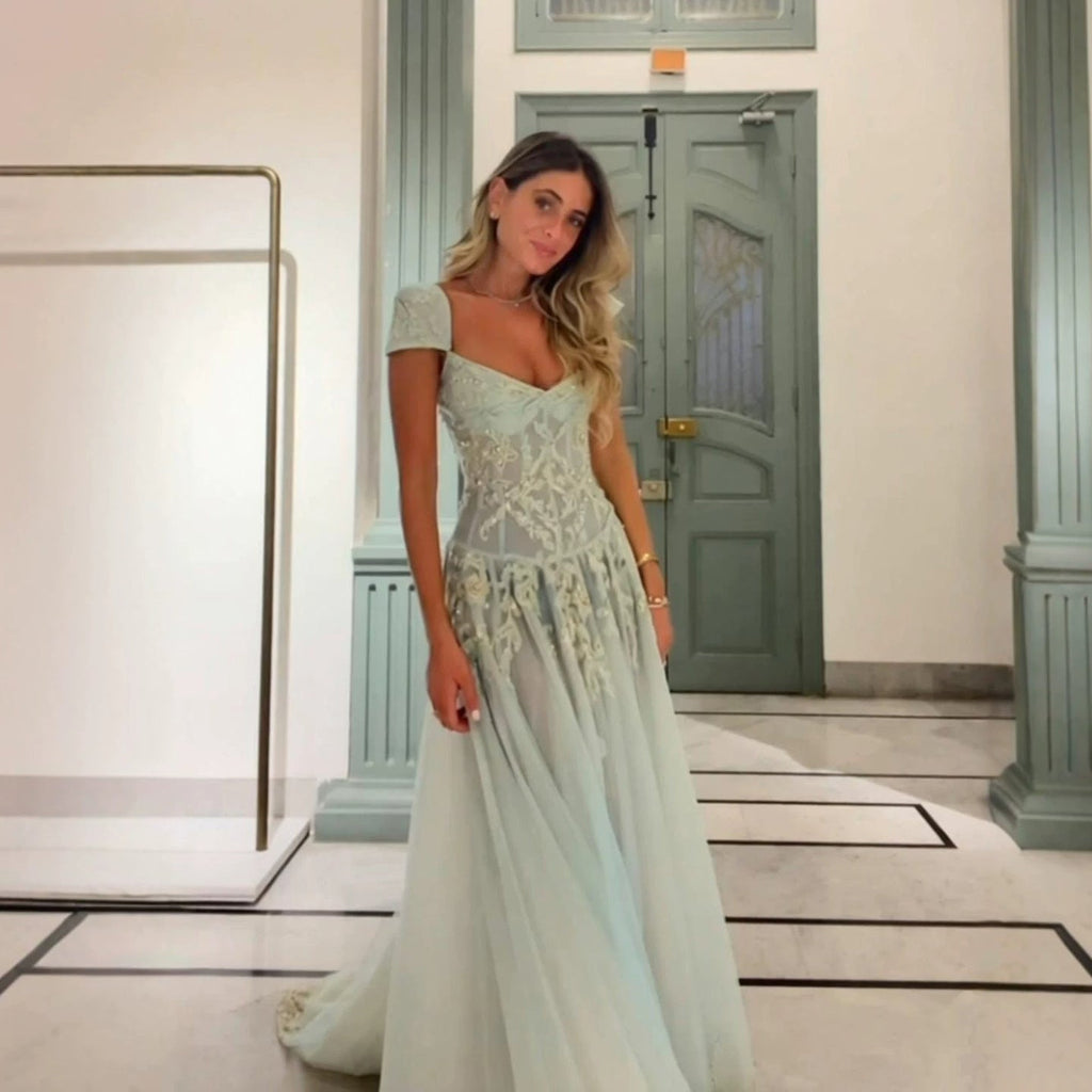 Luxury Sage Green Beaded Lace Cap Sleeves A Line Dress LA73759