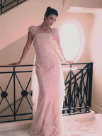Luxury Pink Beaded Cap Sleeves Mermaid Evening Dress LA73760