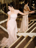 Luxury Pink Beaded Cap Sleeves Mermaid Evening Dress LA73760