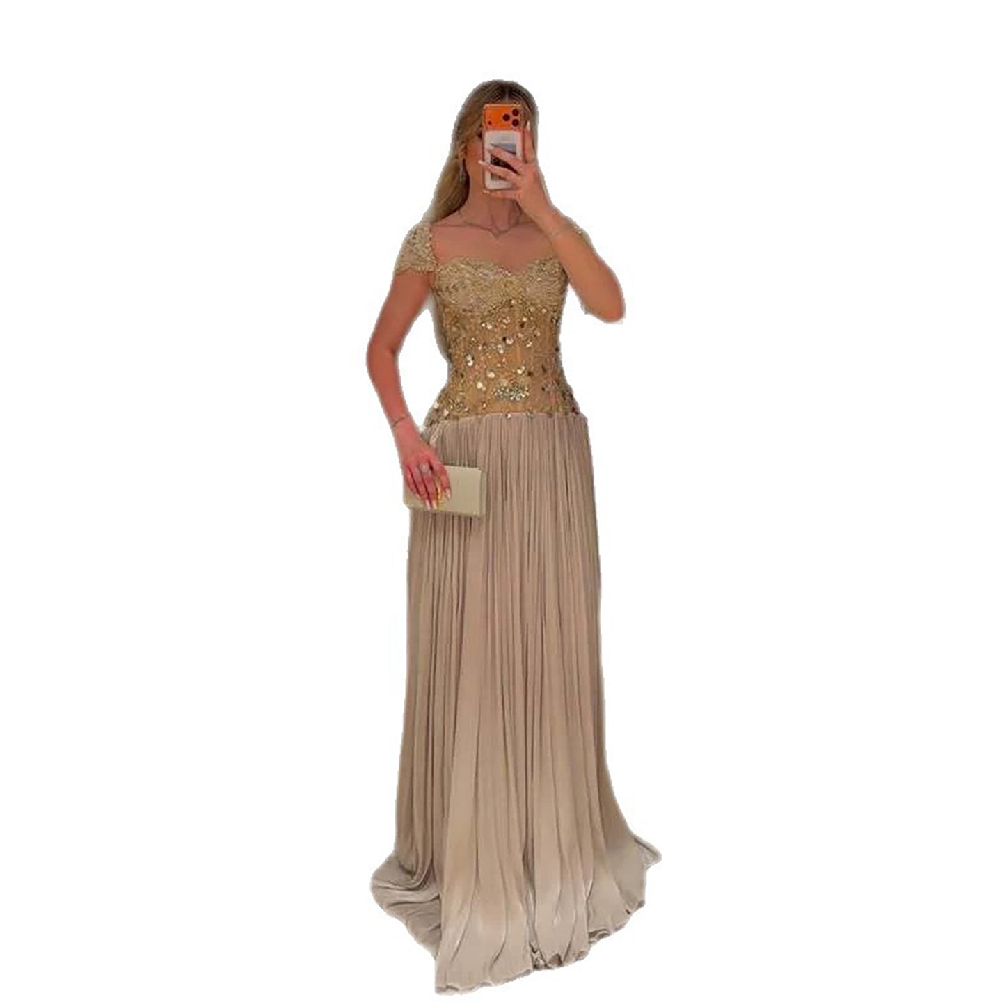 Luxury Cream Beaded Cap Sleeves Pleated Evening Dress LA73762