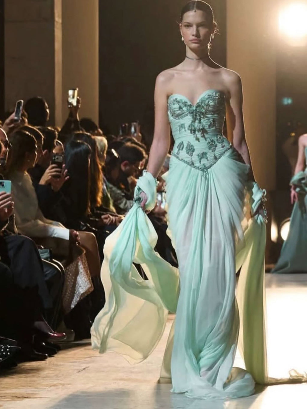 Luxury Sage Green Crystal Beaded Strapless Evening Dress LA73763