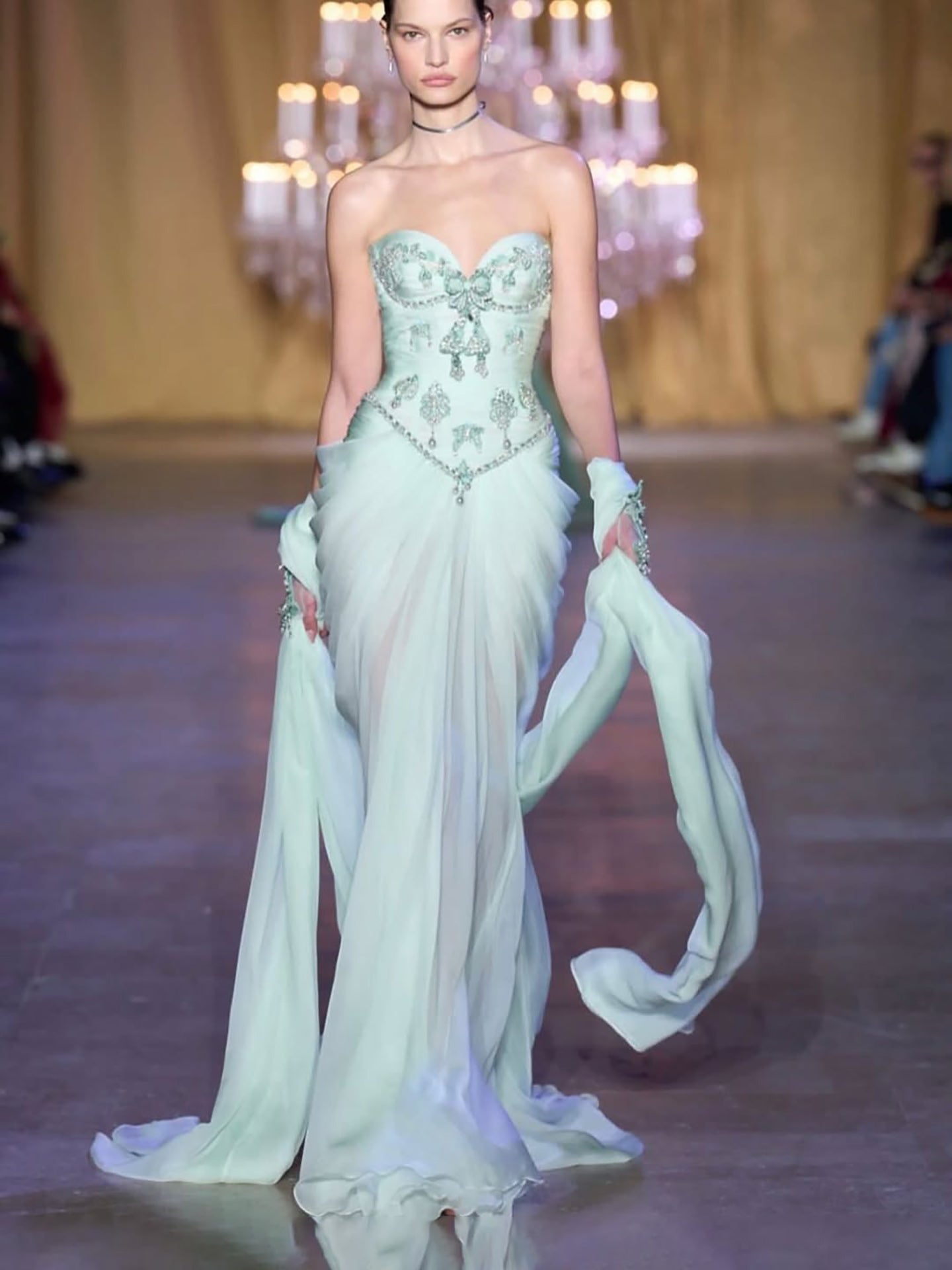 Luxury Sage Green Crystal Beaded Strapless Evening Dress LA73763