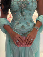 Luxury Sage Green Crystal Beaded Strapless Evening Dress LA73763