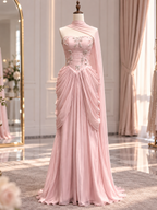 Luxury Pink Beaded Bow Draped A Line Evening Dress LA73763A