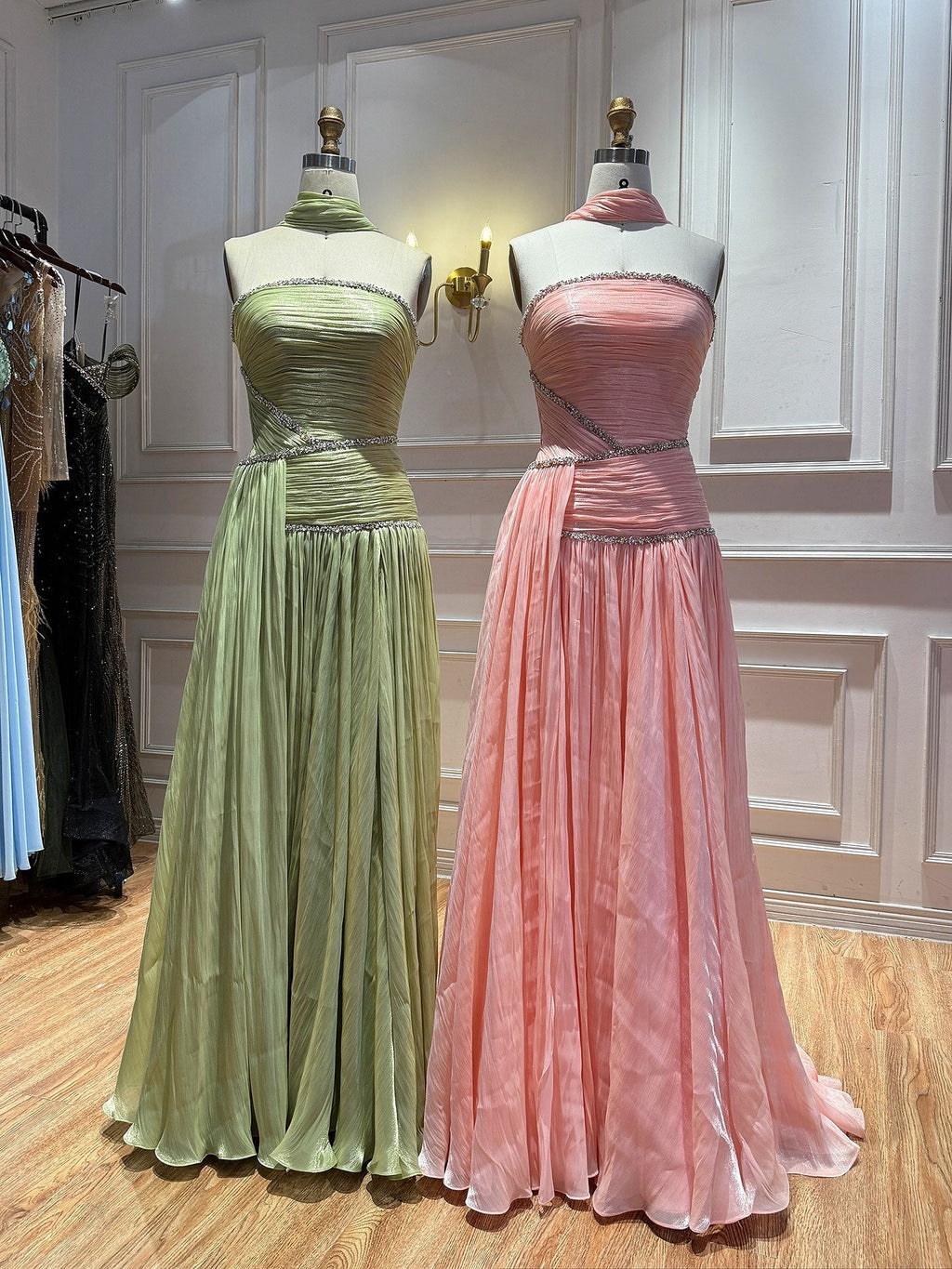 Luxury Sage Green Crystal One Shoulder Pleated Evening Dress CLA73764