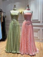 Luxury Sage Green Crystal One Shoulder Pleated Evening Dress CLA73764