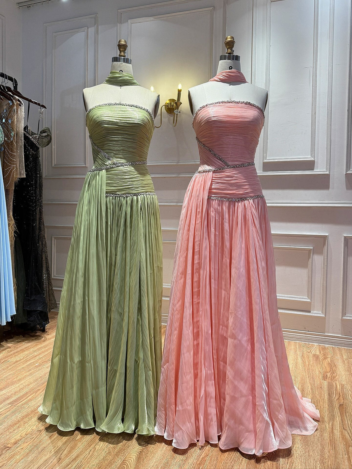 Luxury Sage Green Crystal One Shoulder Pleated Evening Dress CLA73764