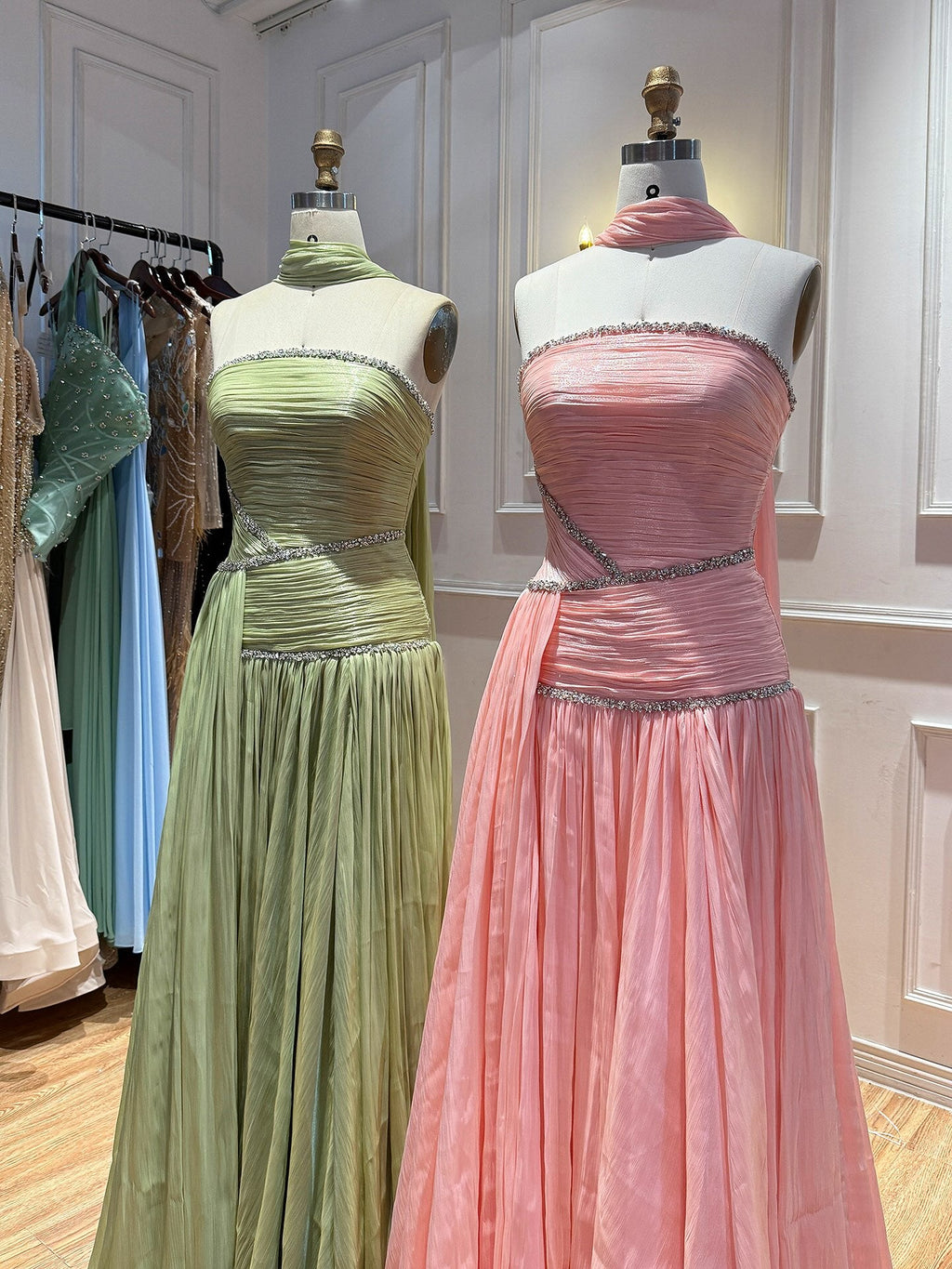 Luxury Sage Green Crystal One Shoulder Pleated Evening Dress CLA73764