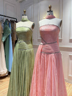 Luxury Sage Green Crystal One Shoulder Pleated Evening Dress CLA73764