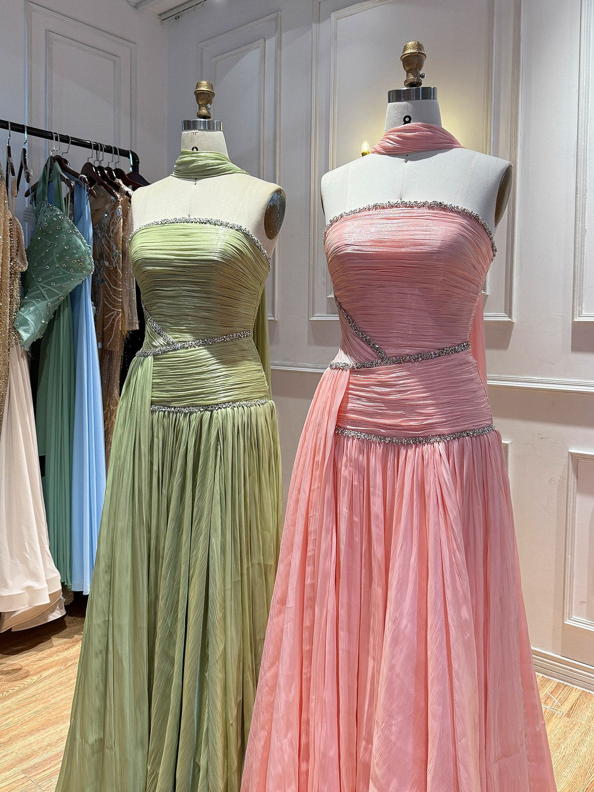 Luxury Sage Green Crystal One Shoulder Pleated Evening Dress CLA73764