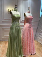 Luxury Sage Green Crystal One Shoulder Pleated Evening Dress CLA73764