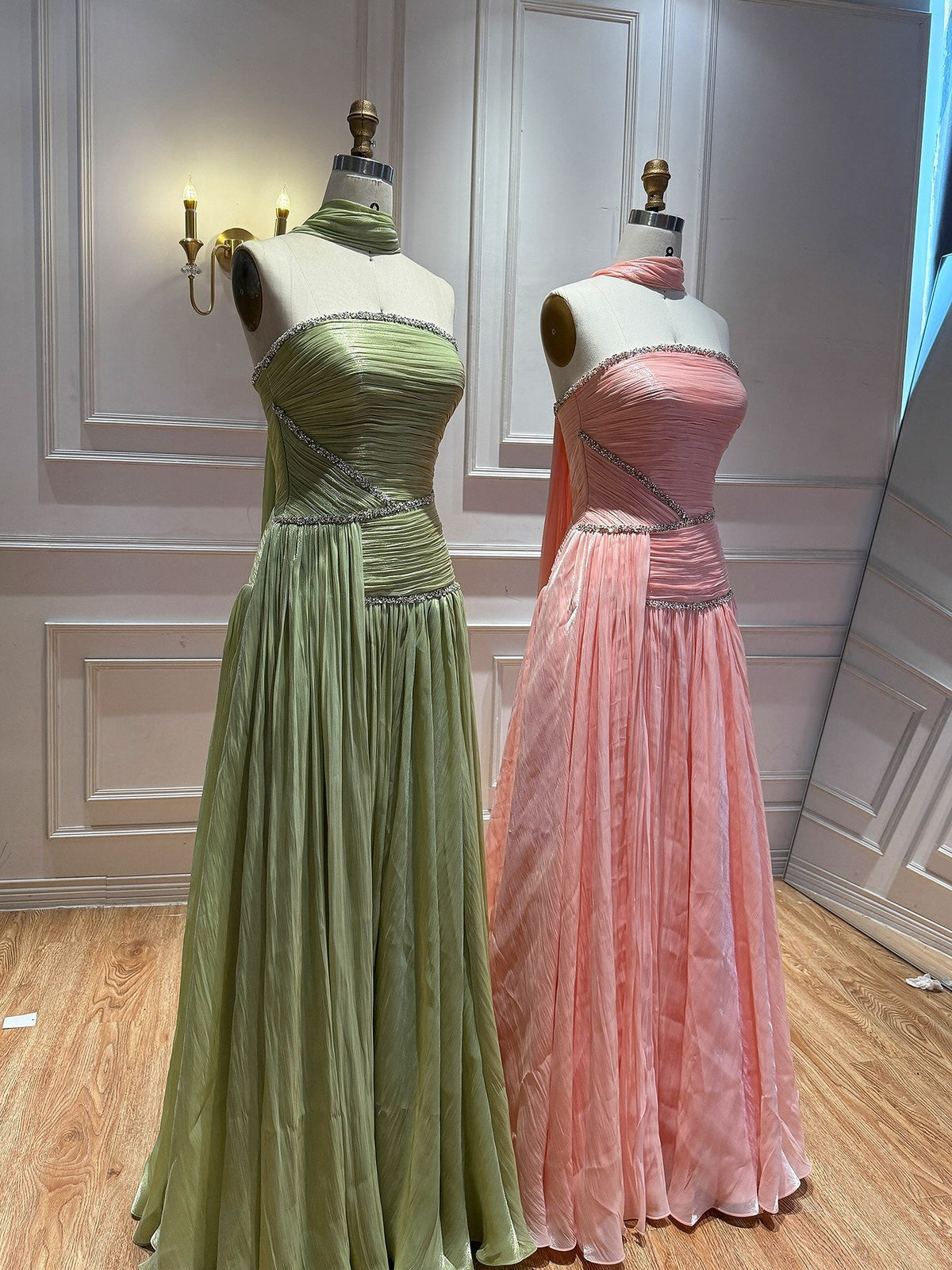 Luxury Sage Green Crystal One Shoulder Pleated Evening Dress CLA73764