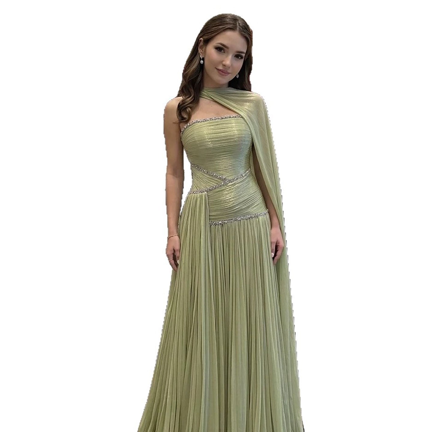 Luxury Sage Green Crystal One Shoulder Pleated Evening Dress CLA73764