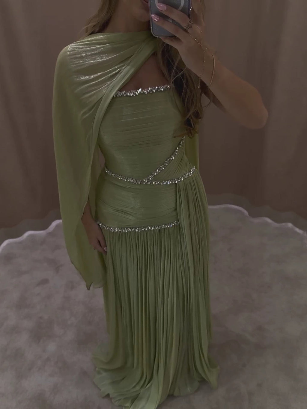 Luxury Sage Green Crystal One Shoulder Pleated Evening Dress LA73764