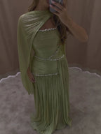 Luxury Sage Green Crystal One Shoulder Pleated Evening Dress LA73764