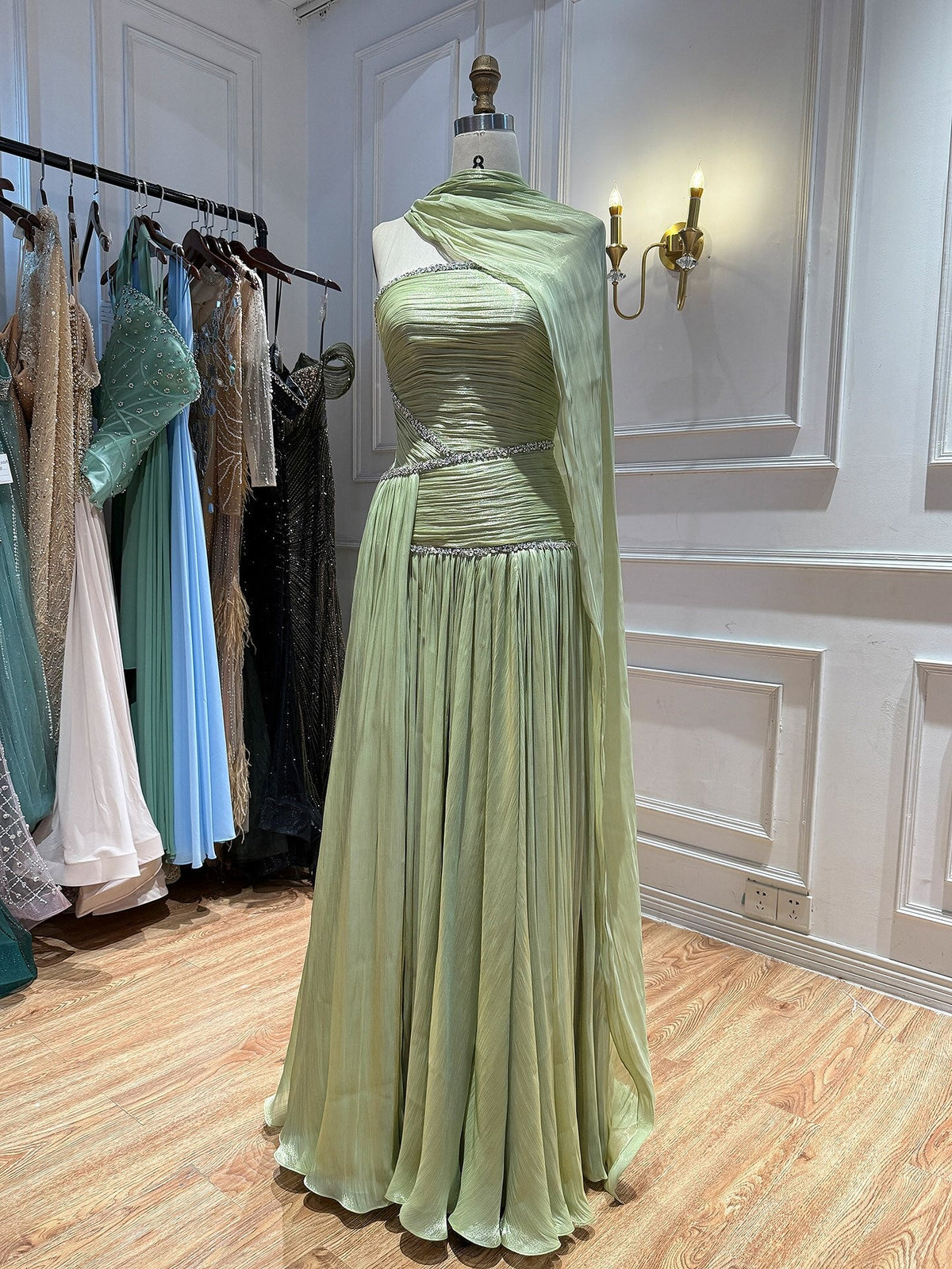 Luxury Sage Green Crystal One Shoulder Pleated Evening Dress CLA73764