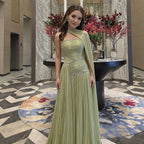 Luxury Sage Green Crystal One Shoulder Pleated Evening Dress CLA73764