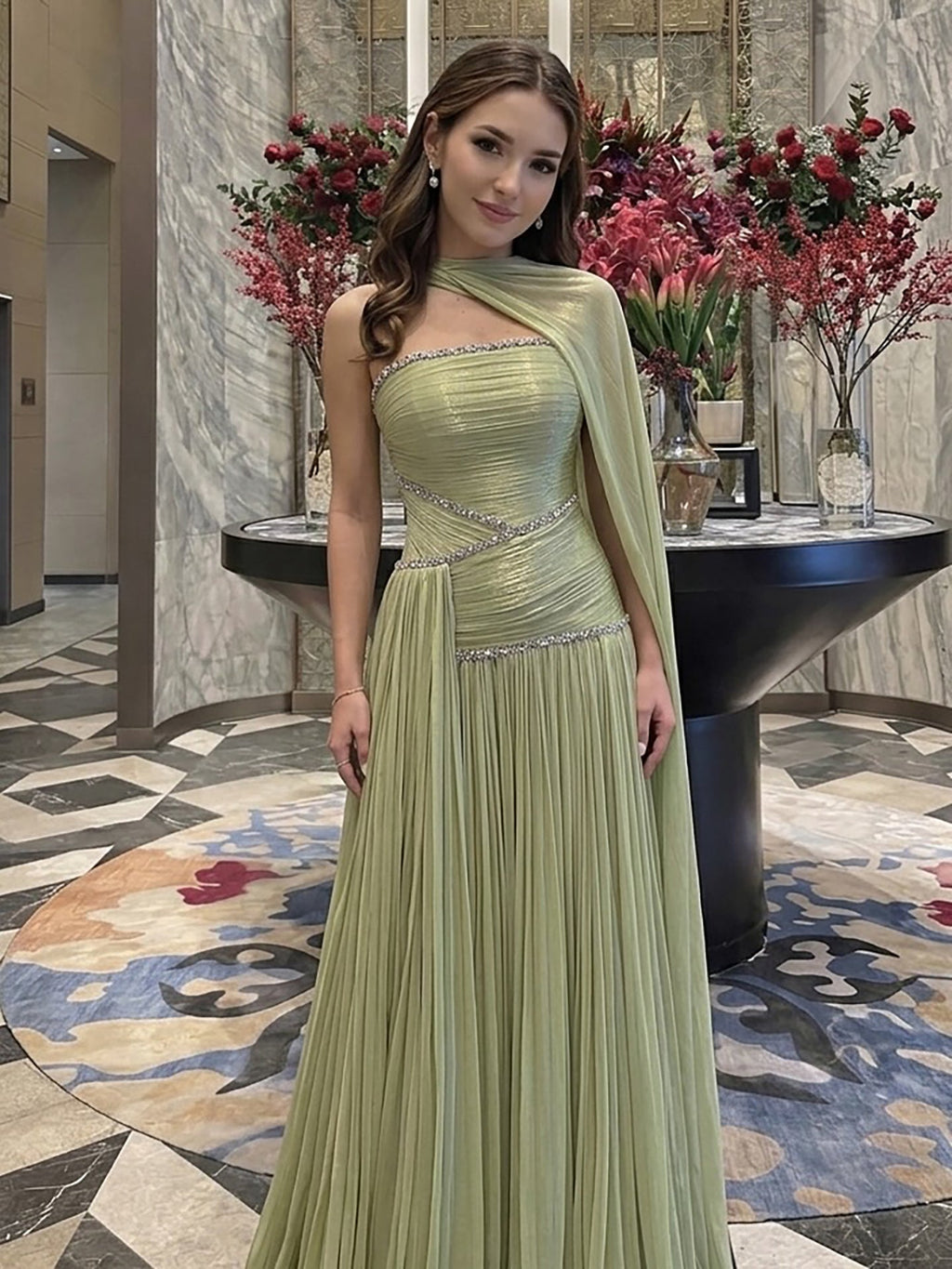 Luxury Sage Green Crystal One Shoulder Pleated Evening Dress CLA73764