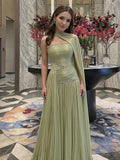 Luxury Sage Green Crystal One Shoulder Pleated Evening Dress CLA73764