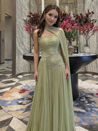 Luxury Sage Green Crystal One Shoulder Pleated Evening Dress CLA73764