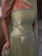 Luxury Sage Green Crystal One Shoulder Pleated Evening Dress CLA73764