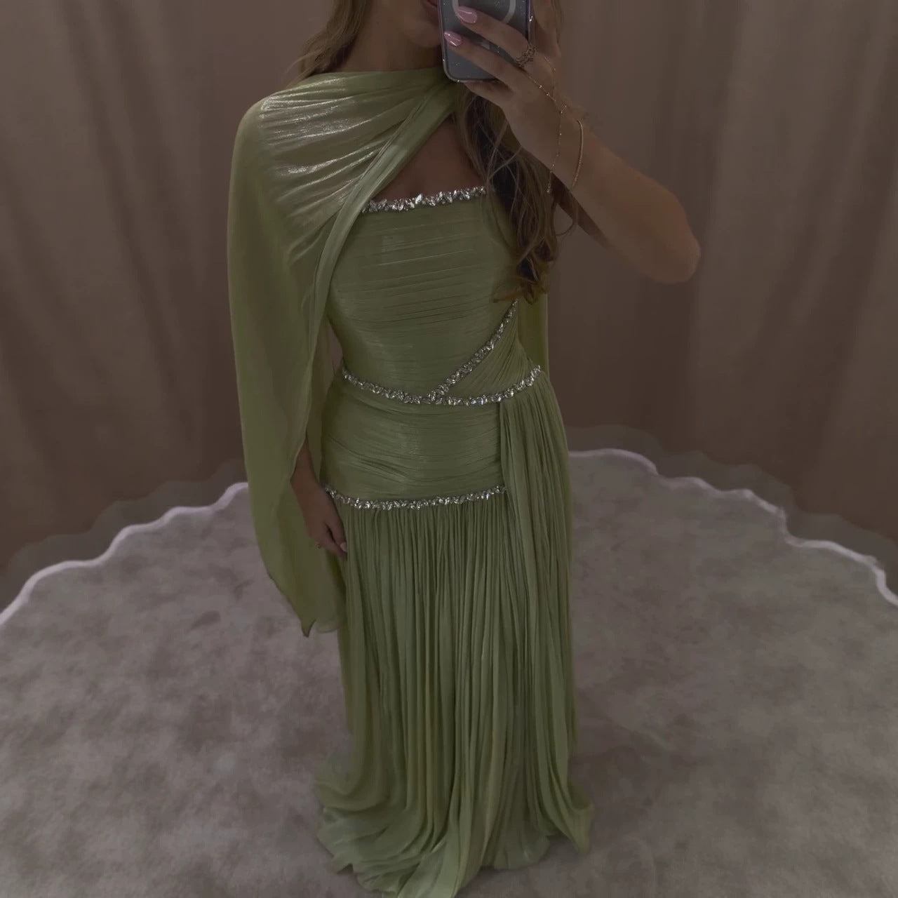 Luxury Sage Green Crystal One Shoulder Pleated Evening Dress LA73764