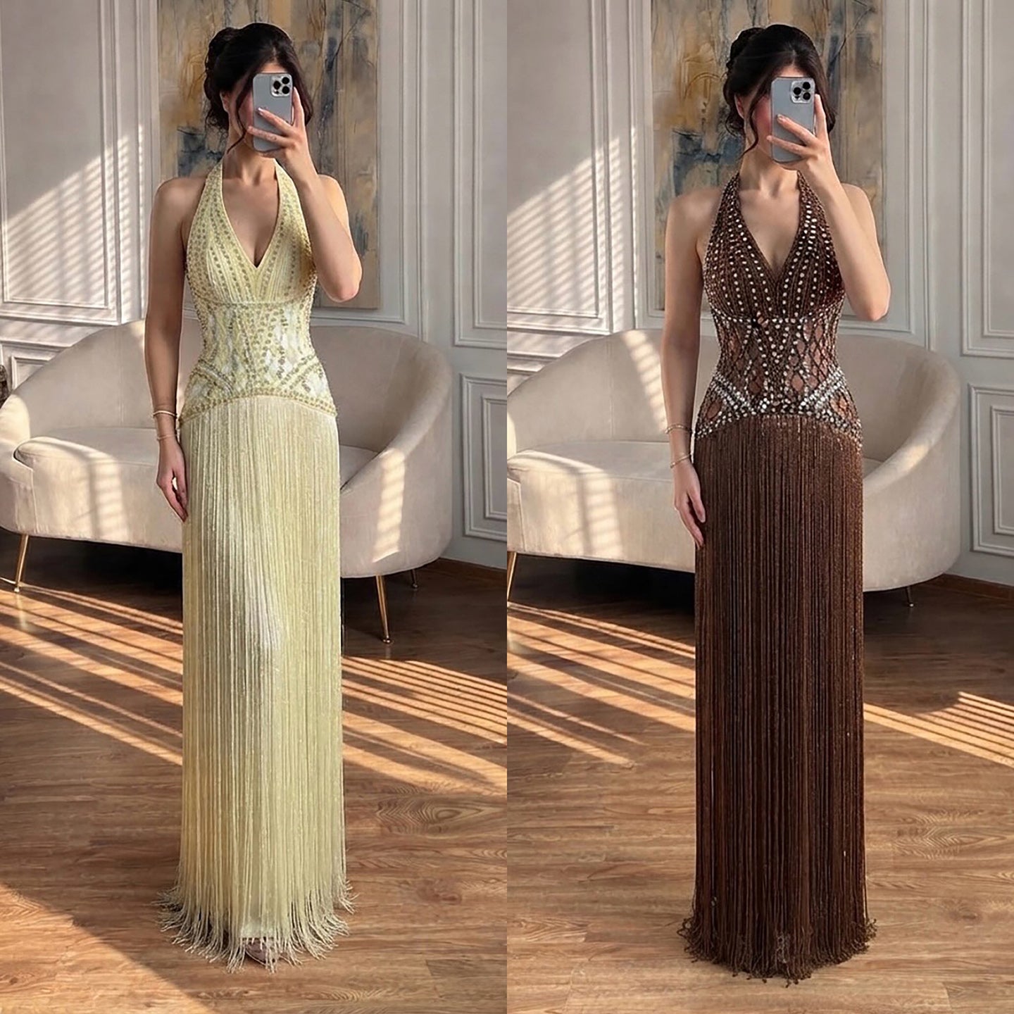 Luxury Butter Yellow Halter Fringe Evening Dress CLA73765