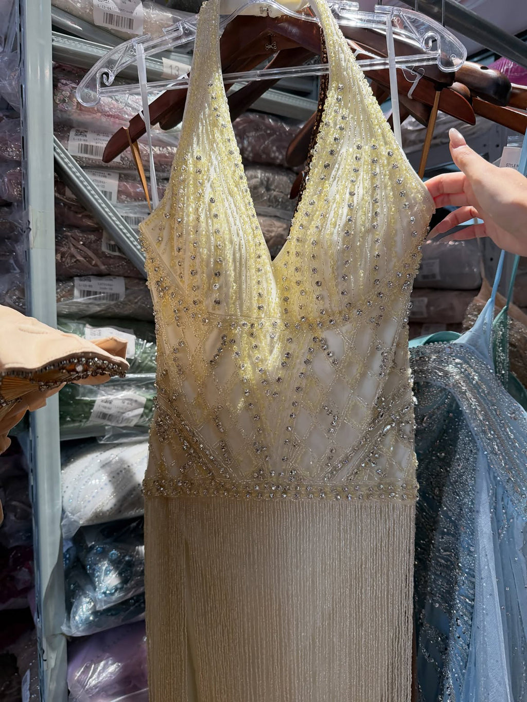 Luxury Butter Yellow Halter Deep V Mermaid Evening Gown Crystal Beaded Dress With Long Fringe Hem CLA73765