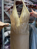 Luxury Butter Yellow Halter Deep V Mermaid Evening Gown Crystal Beaded Dress With Long Fringe Hem CLA73765