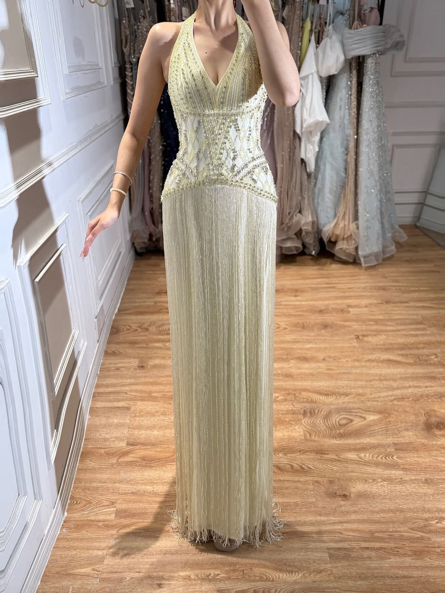 Luxury Butter Yellow Halter Fringe Evening Dress CLA73765