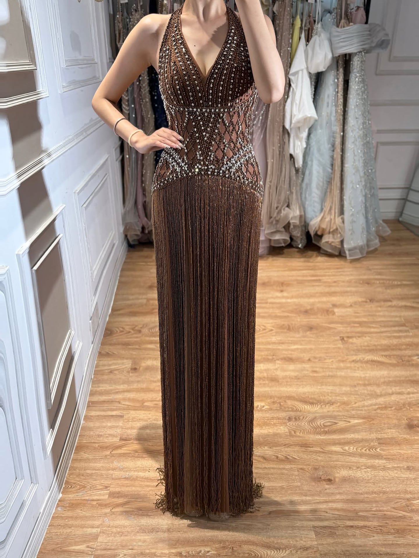 Luxury Butter Yellow Halter Fringe Evening Dress CLA73765