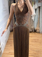 Luxury Butter Yellow Halter Deep V Mermaid Evening Gown Crystal Beaded Dress With Long Fringe Hem CLA73765