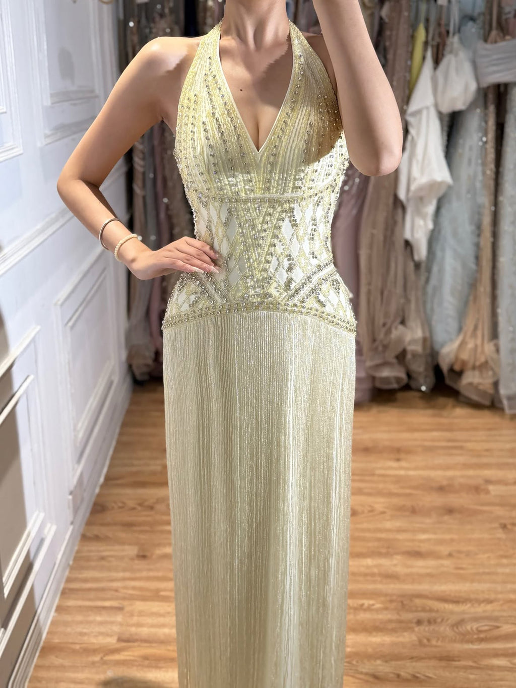 Luxury Butter Yellow Halter Deep V Mermaid Evening Gown Crystal Beaded Dress With Long Fringe Hem CLA73765