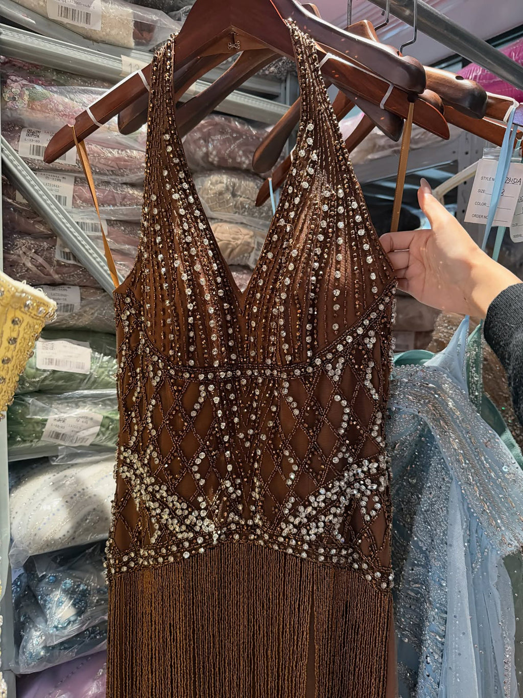 Luxury Butter Yellow Halter Deep V Mermaid Evening Gown Crystal Beaded Dress With Long Fringe Hem CLA73765