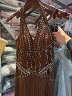 Luxury Butter Yellow Halter Deep V Mermaid Evening Gown Crystal Beaded Dress With Long Fringe Hem CLA73765