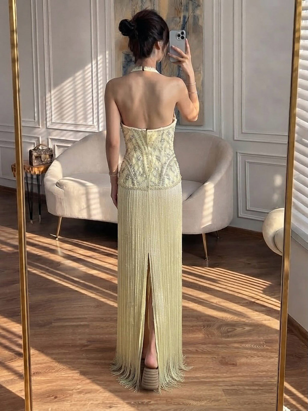 Luxury Butter Yellow Halter Deep V Mermaid Evening Gown Crystal Beaded Dress With Long Fringe Hem CLA73765