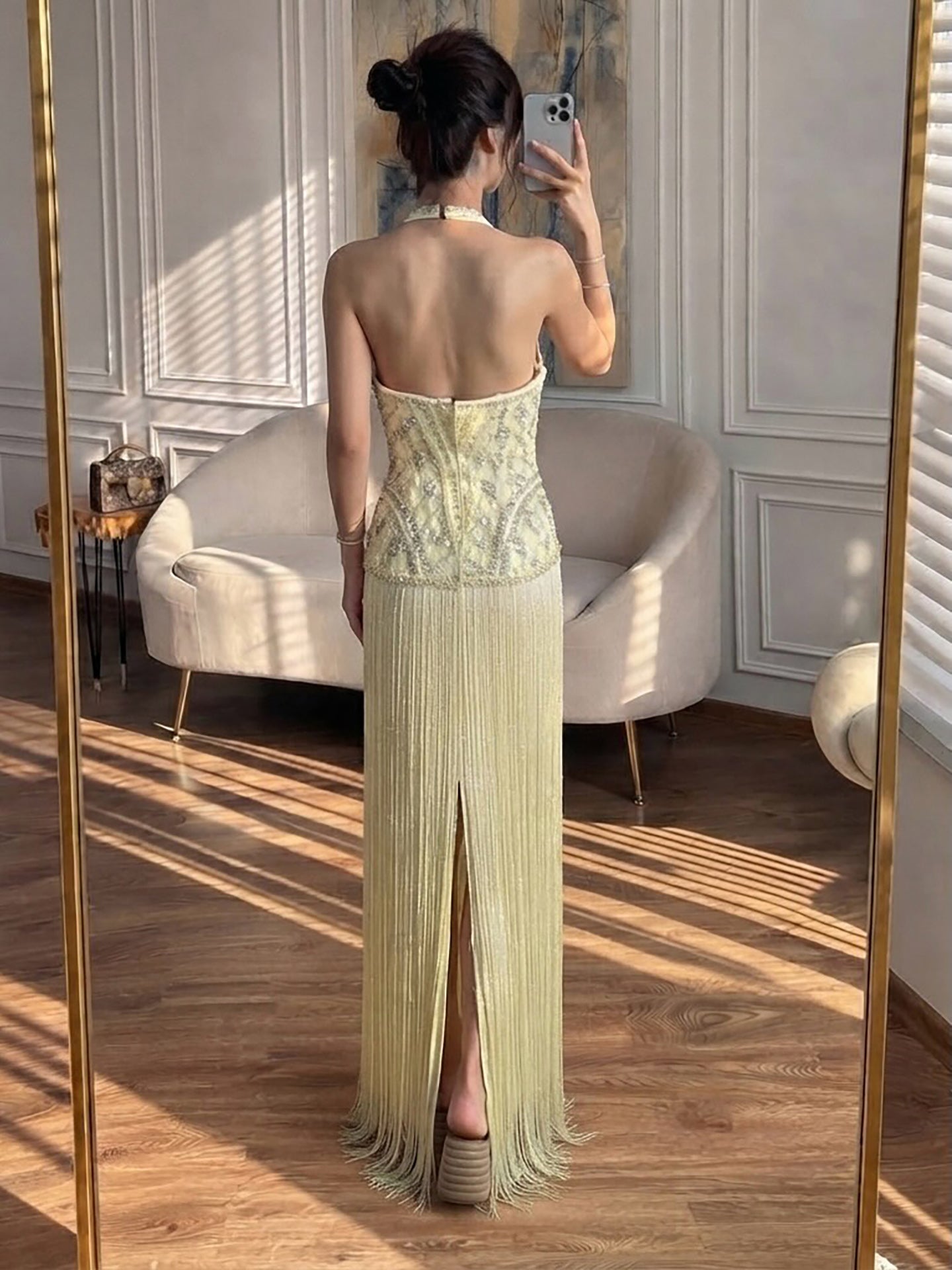 Luxury Butter Yellow Halter Deep V Mermaid Evening Gown Crystal Beaded Dress With Long Fringe Hem CLA73765
