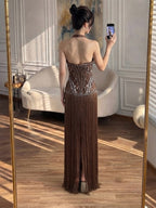Luxury Butter Yellow Halter Deep V Mermaid Evening Gown Crystal Beaded Dress With Long Fringe Hem CLA73765
