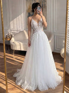 Luxury White Spaghetti Strap Floral Lace A Line Dress LA73767