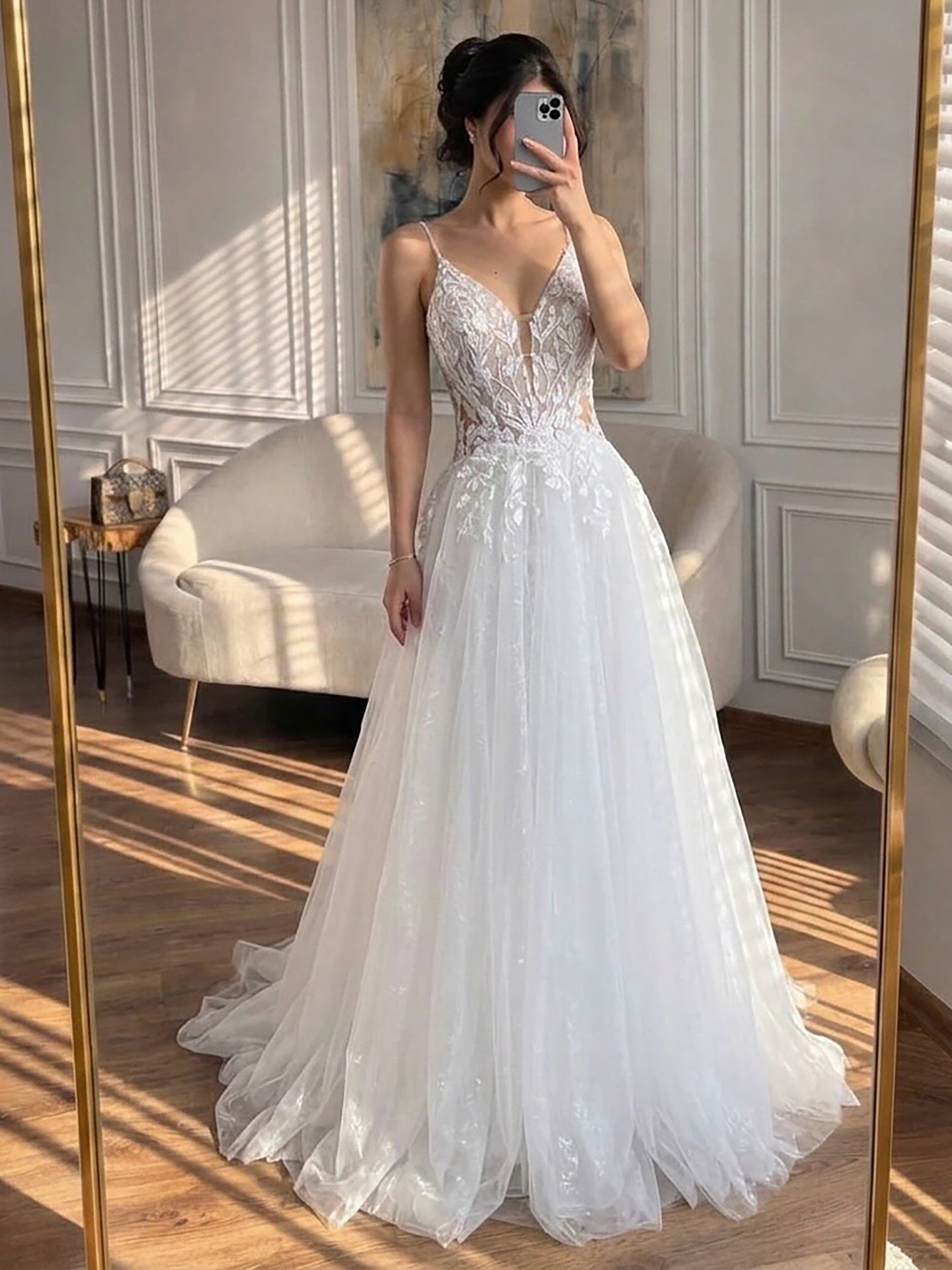 Luxury White Spaghetti Strap Floral Lace A Line Dress LA73767