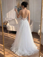 Luxury White Spaghetti Strap Floral Lace A Line Dress LA73767