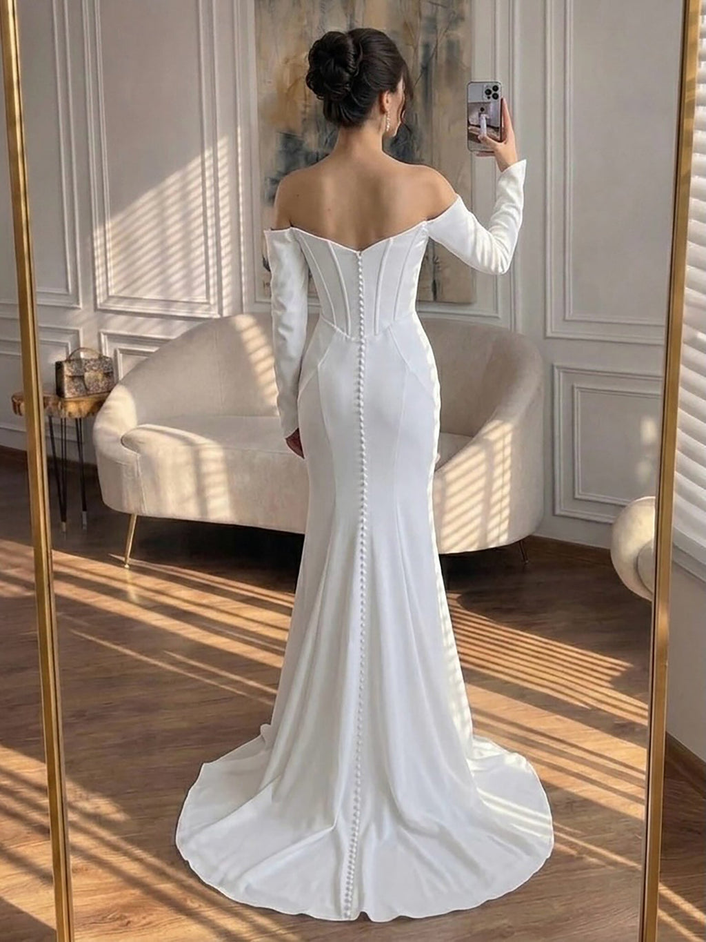 Luxury White Off Shoulder Sweetheart Long Sleeve Mermaid Dress LA73768
